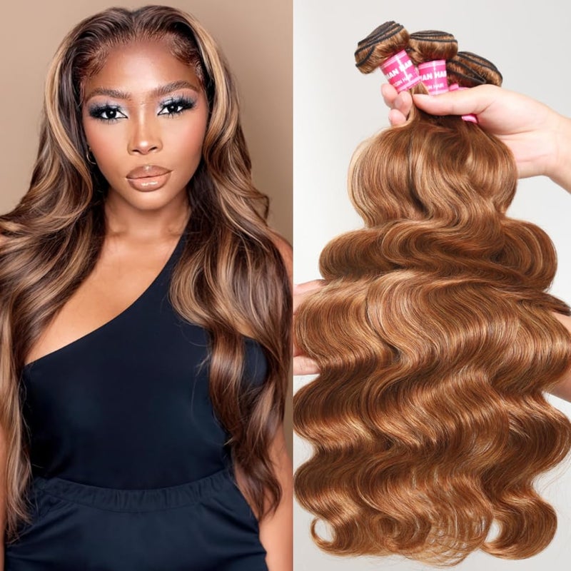 UNICE Body Wave Honey Blonde Highlight Human Hair Weave 3 Bundles Ombre 100 Brazilian Human Hair Weaves for Sew in Extensions TL412 Color 10 12 14 inch